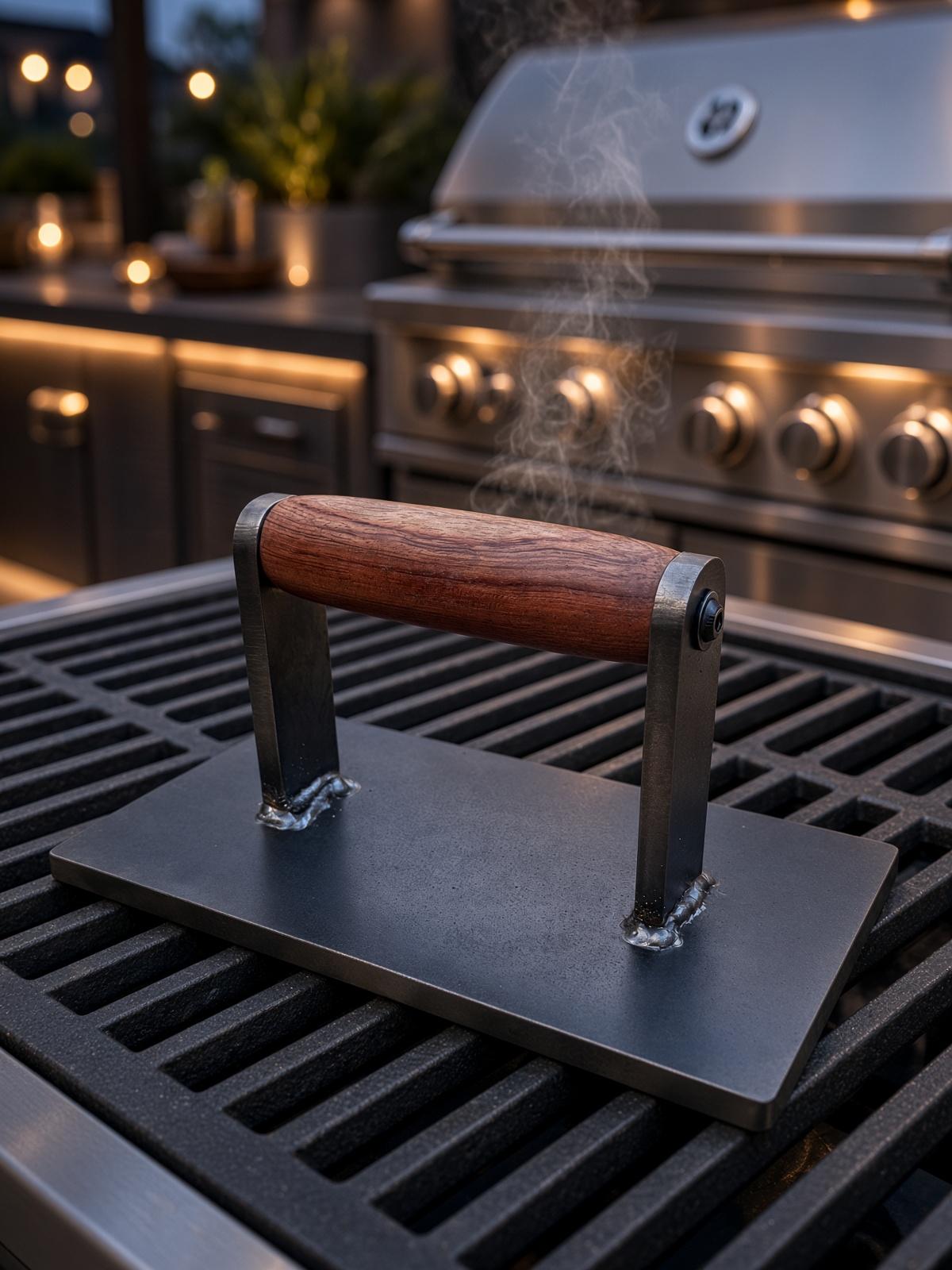 Burgerpresse aus Edelstahl mit gedrechseltem Holzgriff auf einem Grillrost