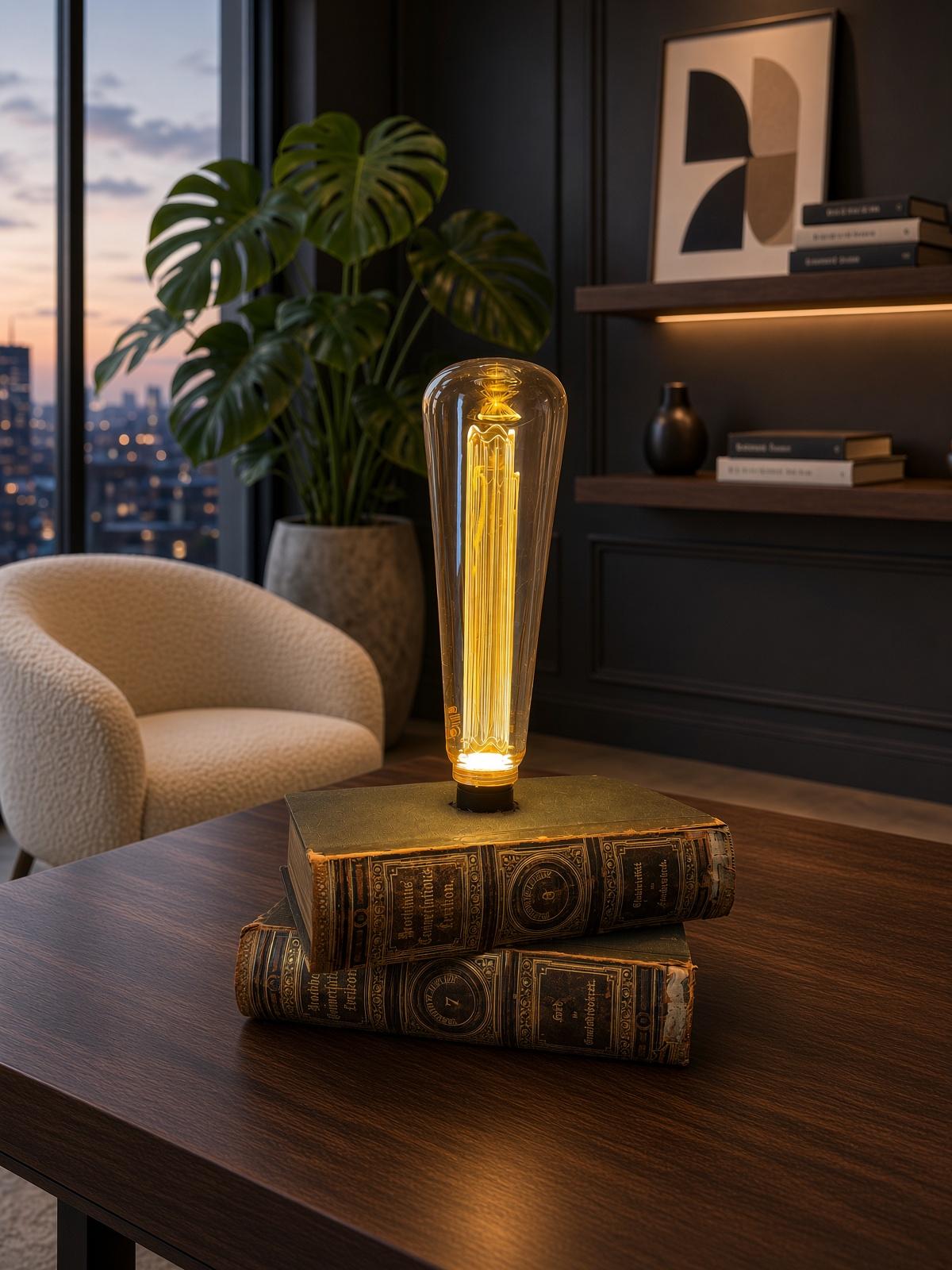 Tischleuchte mit Edison-Glühlampe auf zwei antiken Büchern vor einem Fenster