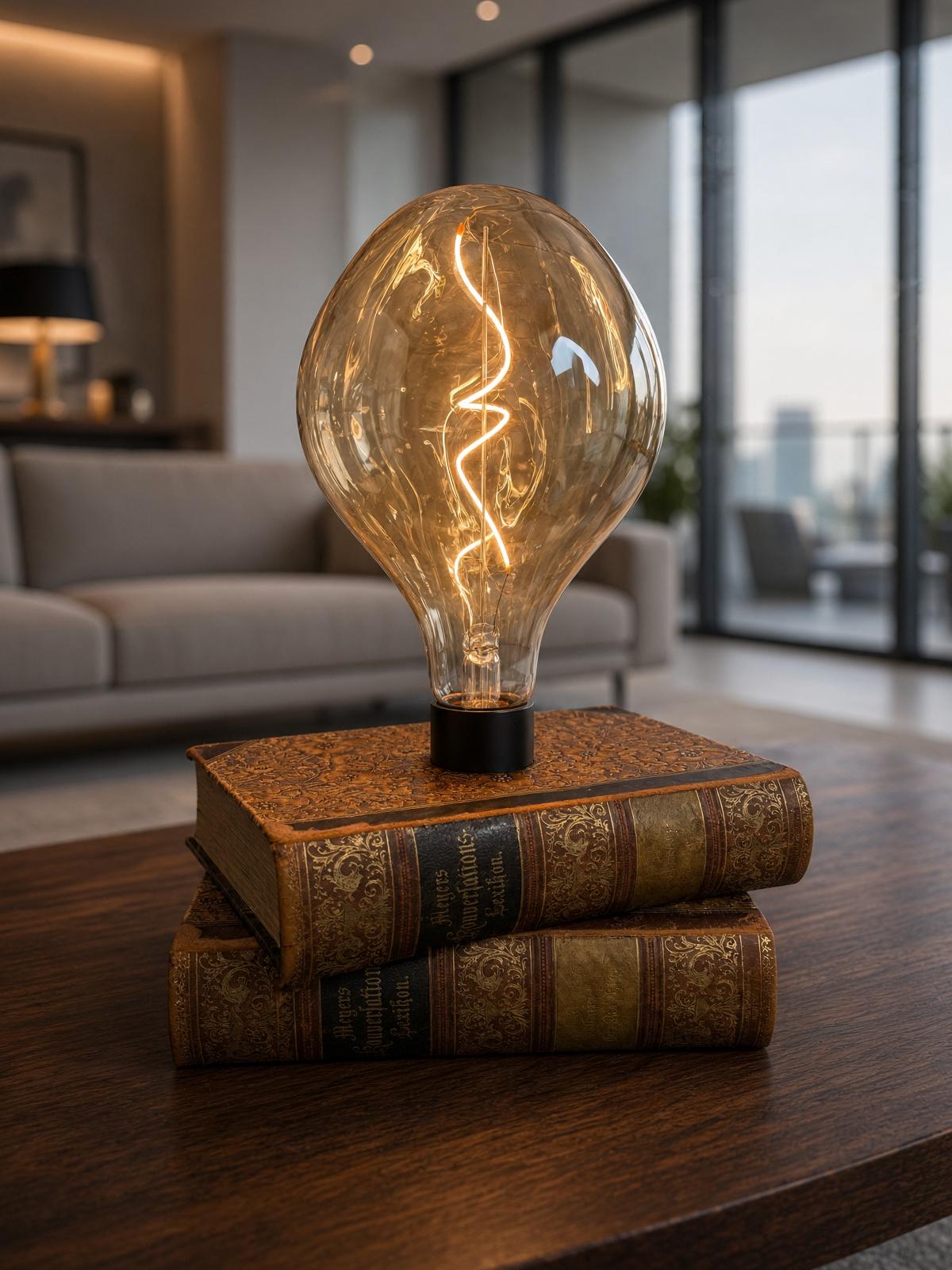 Tischleuchte mit tropfenförmiger Glühlampe auf zwei antiken Büchern
