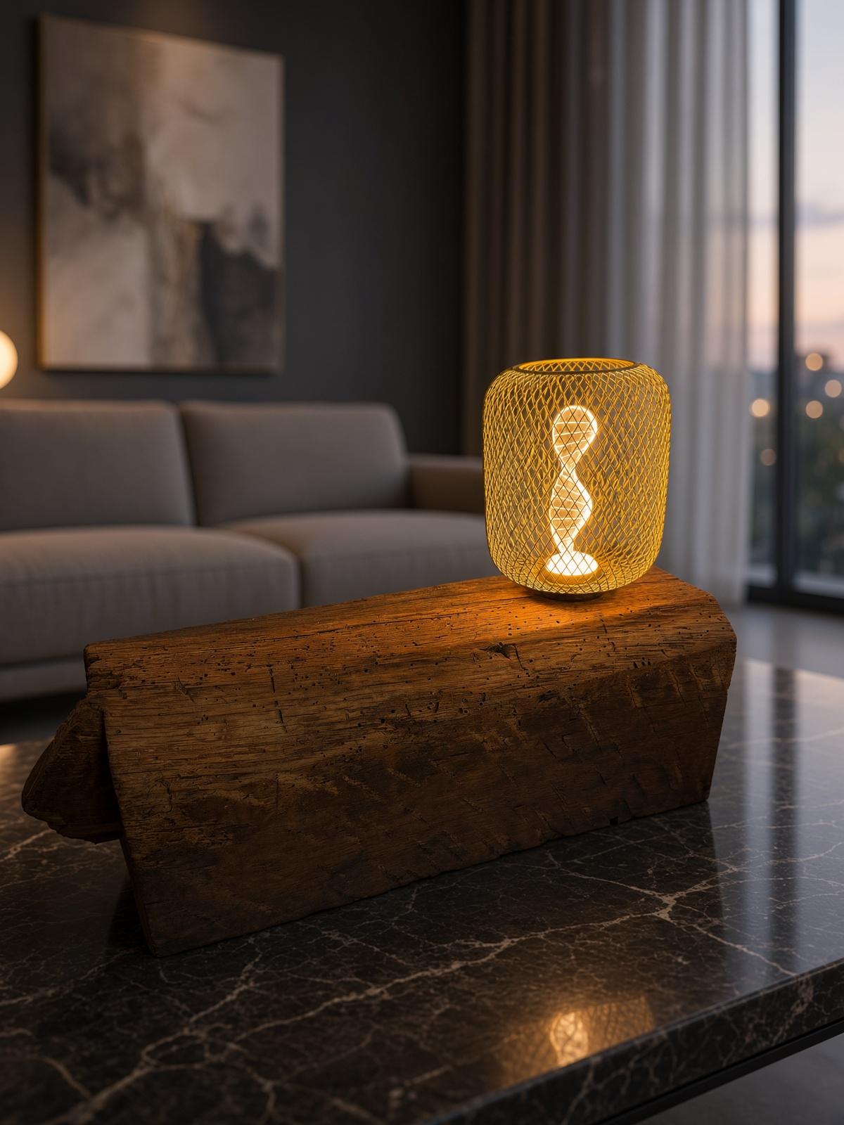 Goldene Gitterleuchte auf einem alten Holzbalken auf einem Marmortisch