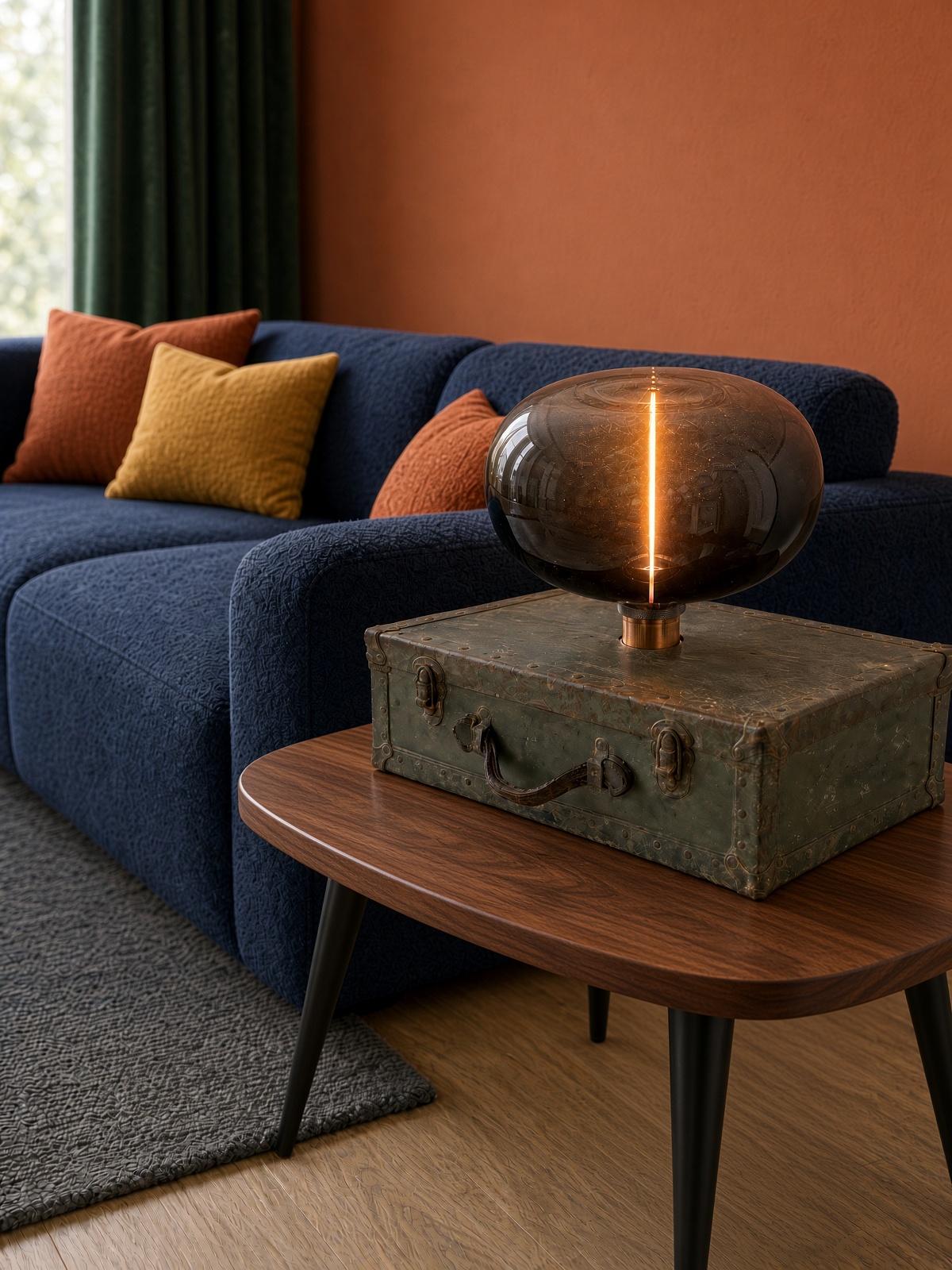 Rauchglas-Leuchte auf einem alten Metallkoffer neben einem blauen Sofa