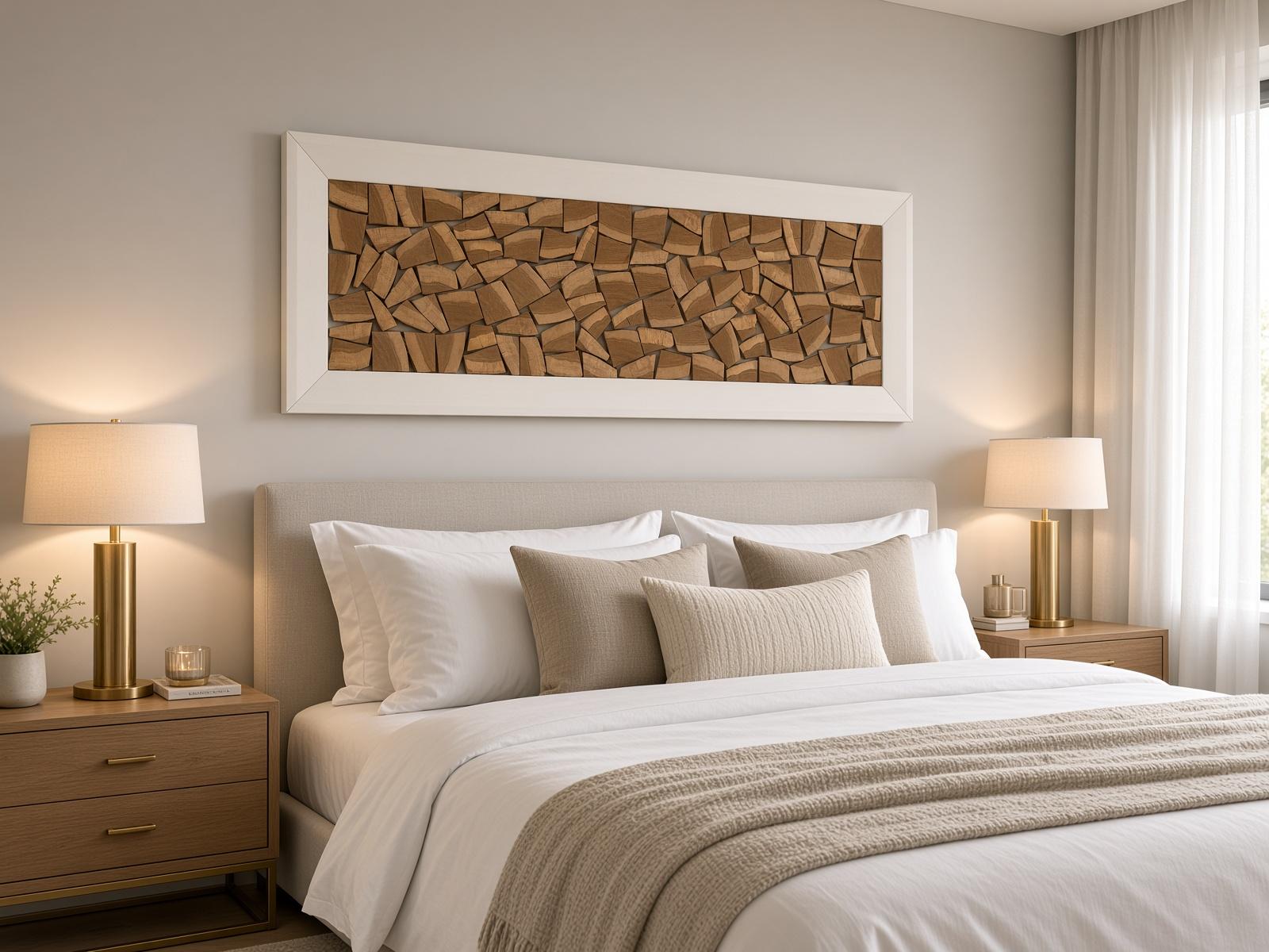 Wandbild aus Holzstücken in weißem Rahmen über einem Bett