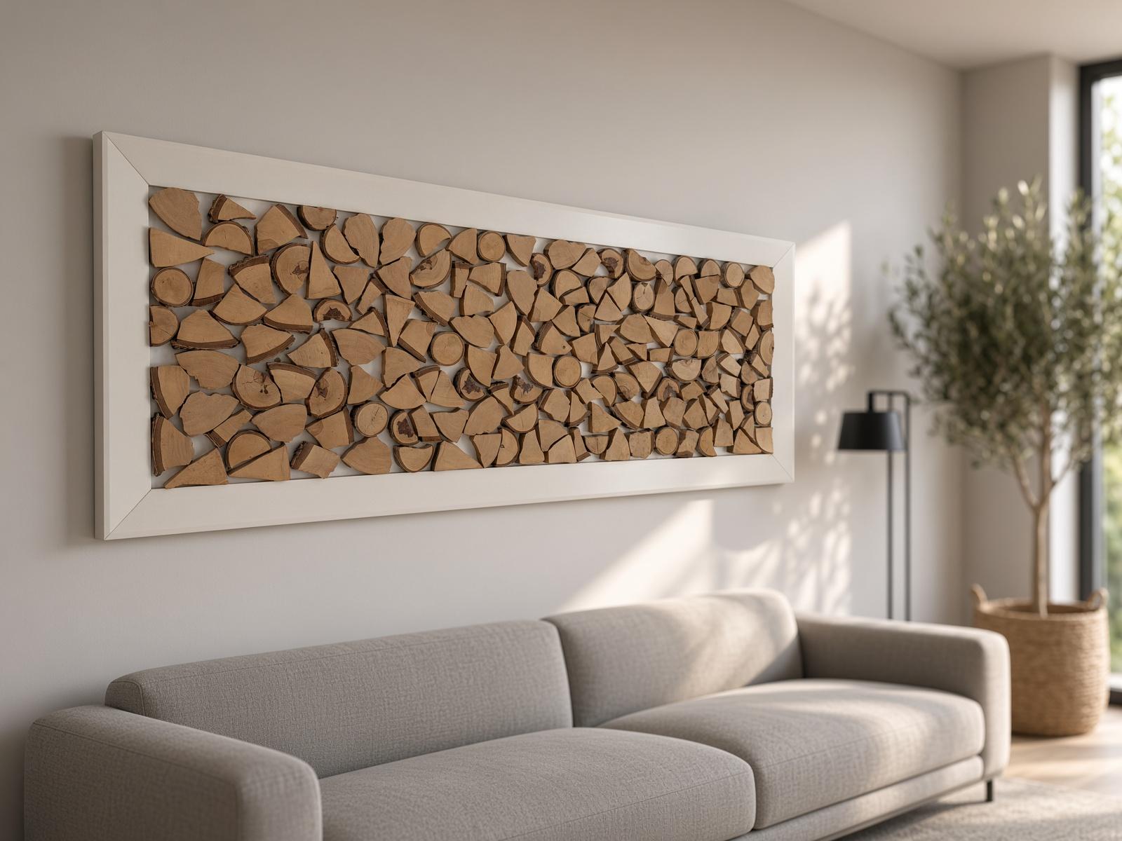 Großes Wandbild aus Holzscheiben in weißem Rahmen über einem Sofa