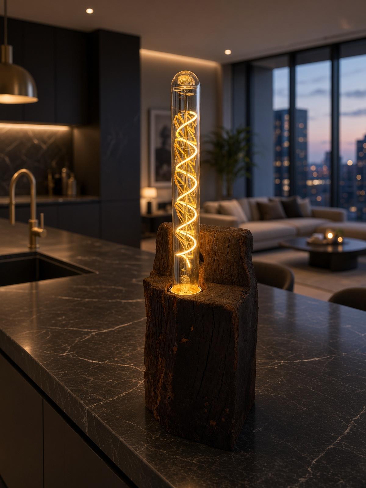 Tischleuchte mit Röhrenlampe auf einem alten Fachwerkbalken, gefertigt von Detro Holzdesign